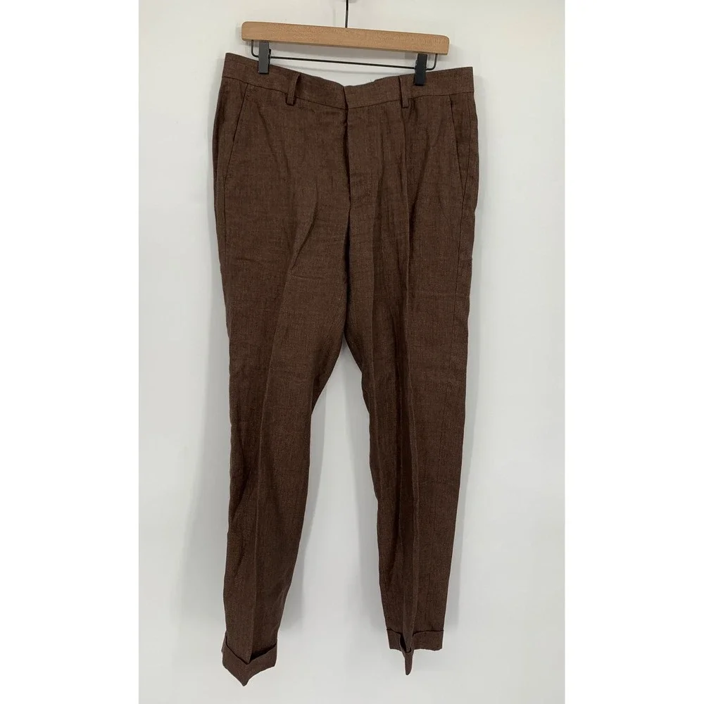 Murano Baird Mcnutt Pants Mens 34x32 Brown Linen Alex Slim Trousers Pleated Cuff